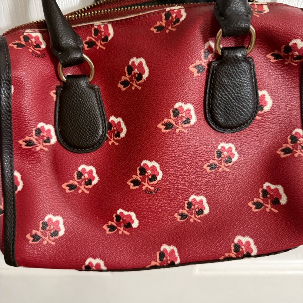 Coach Red Floral Mini Satchel with Black Handles - Picture 7 of 7